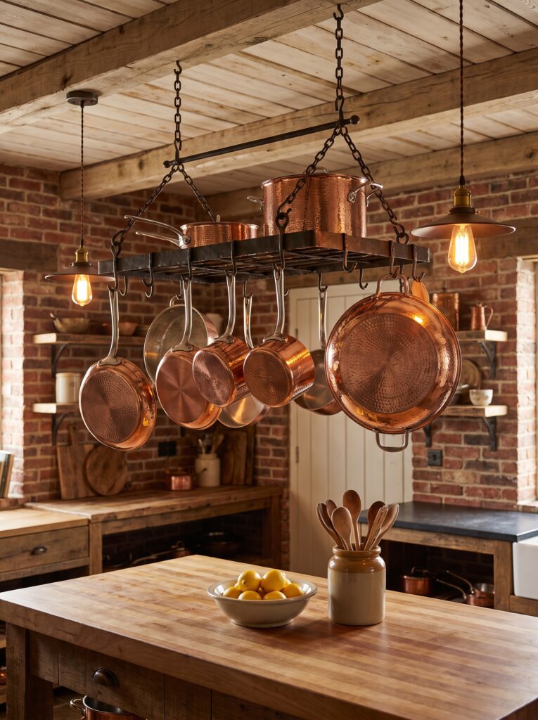 a black iron pot rack suspended over a wooden kitchen island, hung with hammered copper pots and pans, with exposed brick walls and pendant lighting on either side