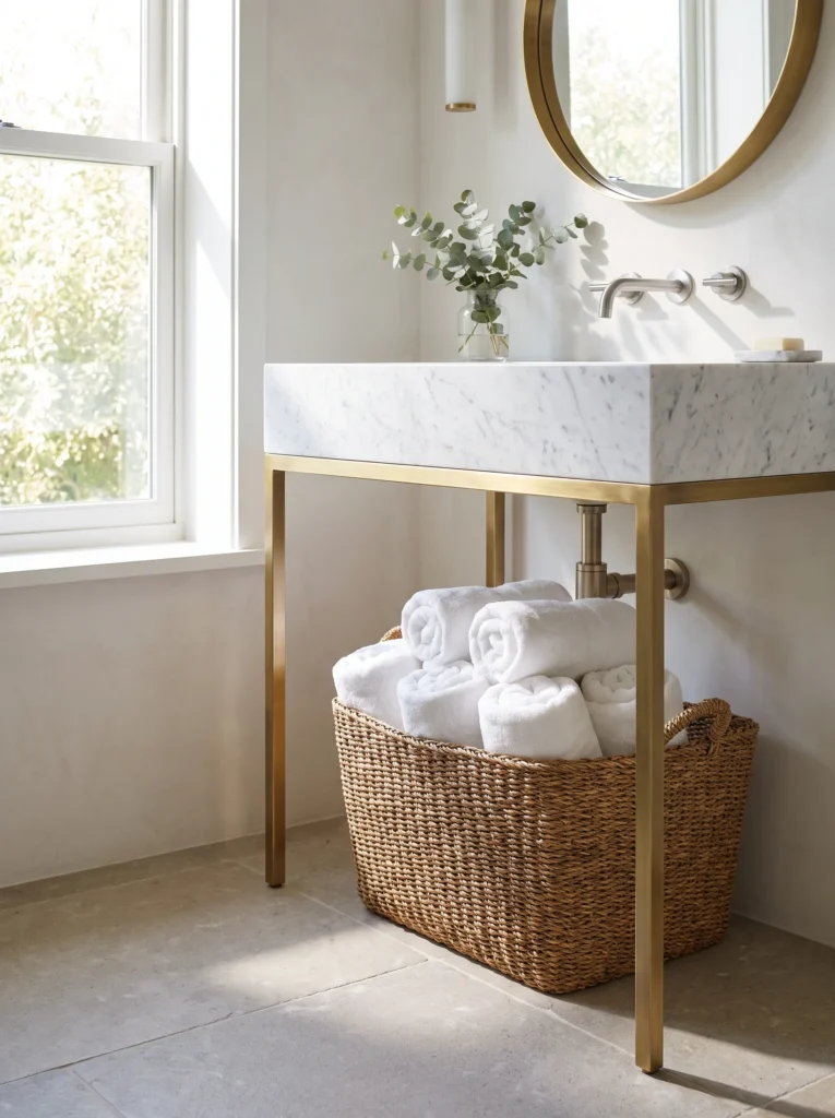 slim marble-topped console vanity on brass legs with a woven seagrass basket holding rolled white towels underneath