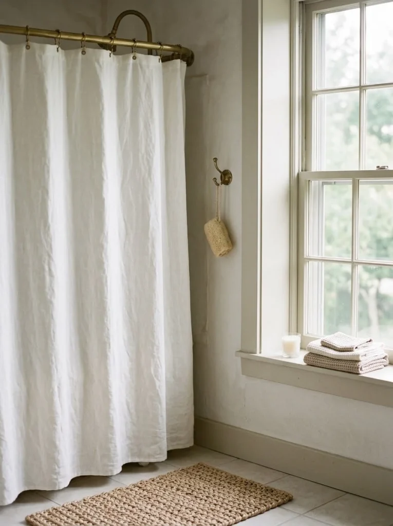 White linen shower curtain hanging from a brass oval rod, with a loofah on a wall hook and a lit candle and folded towels on the windowsill nearby
