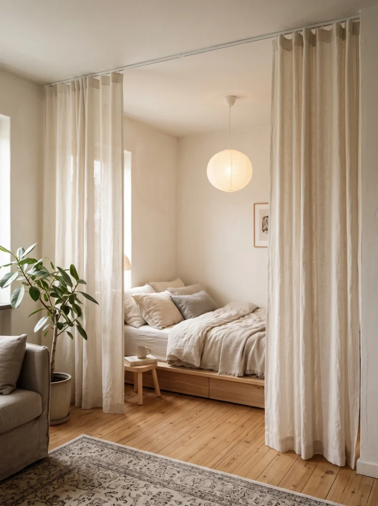 Small bedroom close-up of a floating wood wall shelf beside the bed, holding a ceramic table lamp, a potted trailing plant, a book, and reading glasses, next to a bed with tan linen bedding