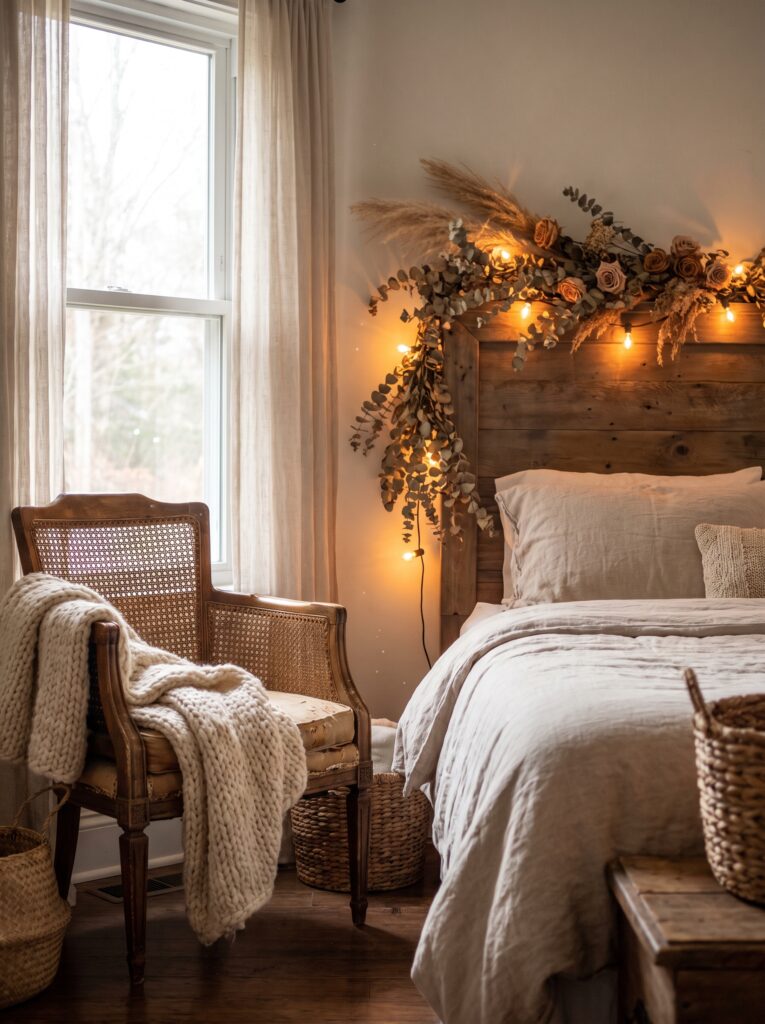 A wooden headboard draped with warm string lights and a dried eucalyptus and rose garland, beside a cane-backed chair with a knit throw