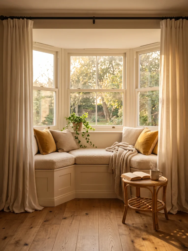 A built-in bay window bench with blue striped cushions, mustard pillows, and a garden view