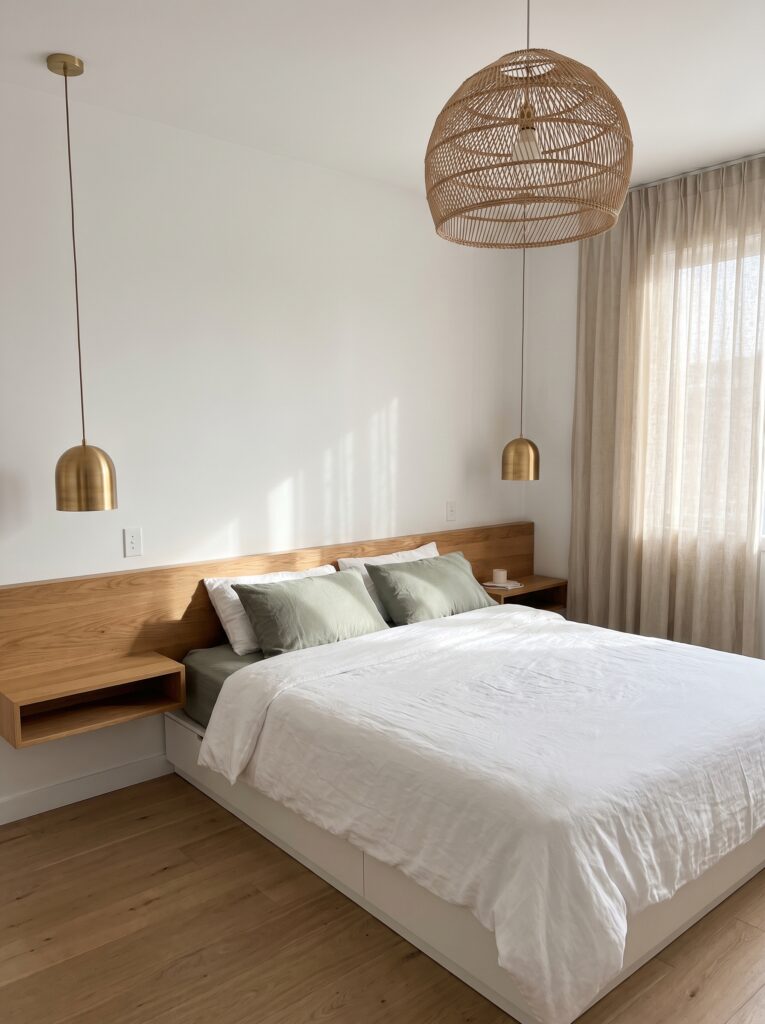 A minimalist bedroom with two brass dome pendant lights hanging on either side of a built-in wood headboard wall, styled with sage green pillows and white linen bedding