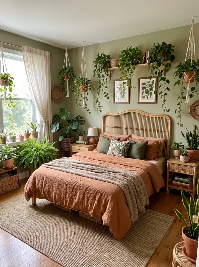A jungle-inspired bedroom with sage green walls, hanging plants, a rattan headboard, and terracotta bedding