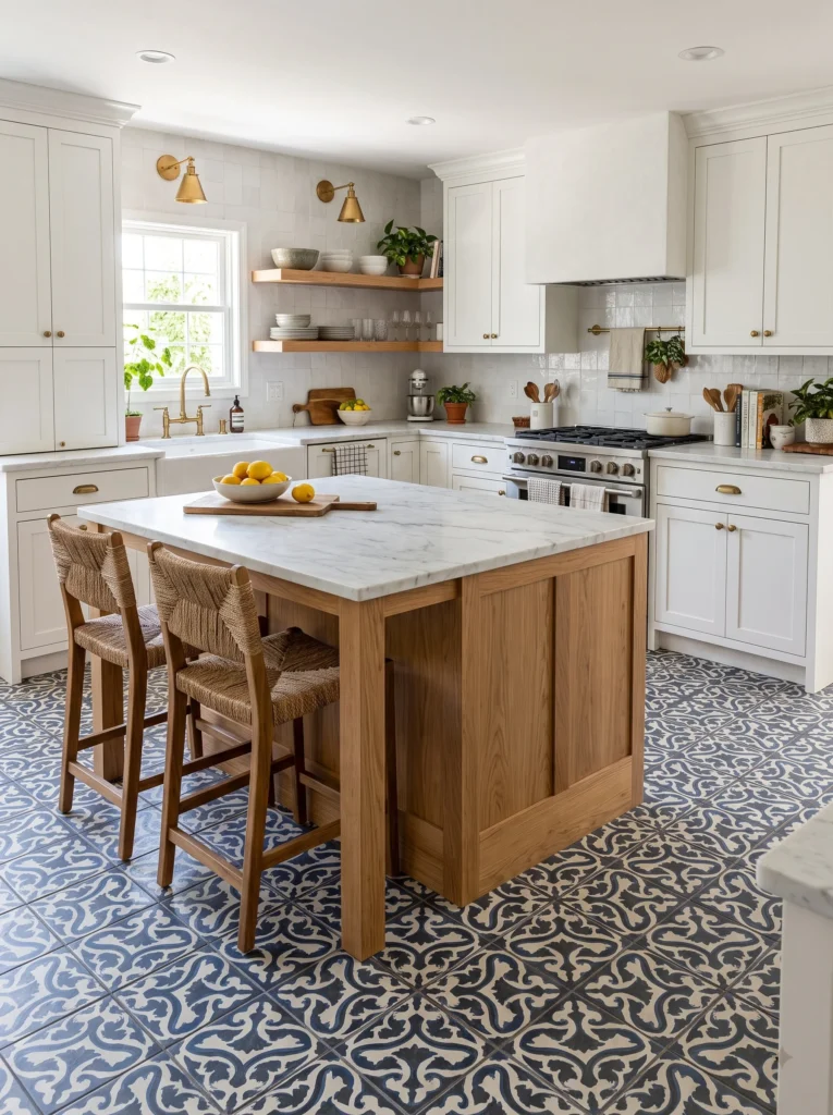 A white kitchen with blue and white Moroccan-style patterned floor tile, a wood island with marble top, woven counter stools, and brass wall sconces
