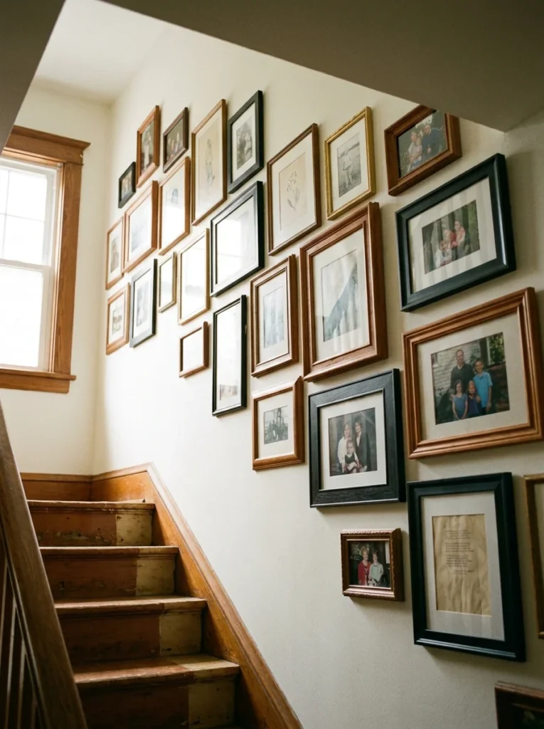  A staircase wall filled with a mismatched gallery of wood, black, and gold picture frames holding family photographs and simple art prints