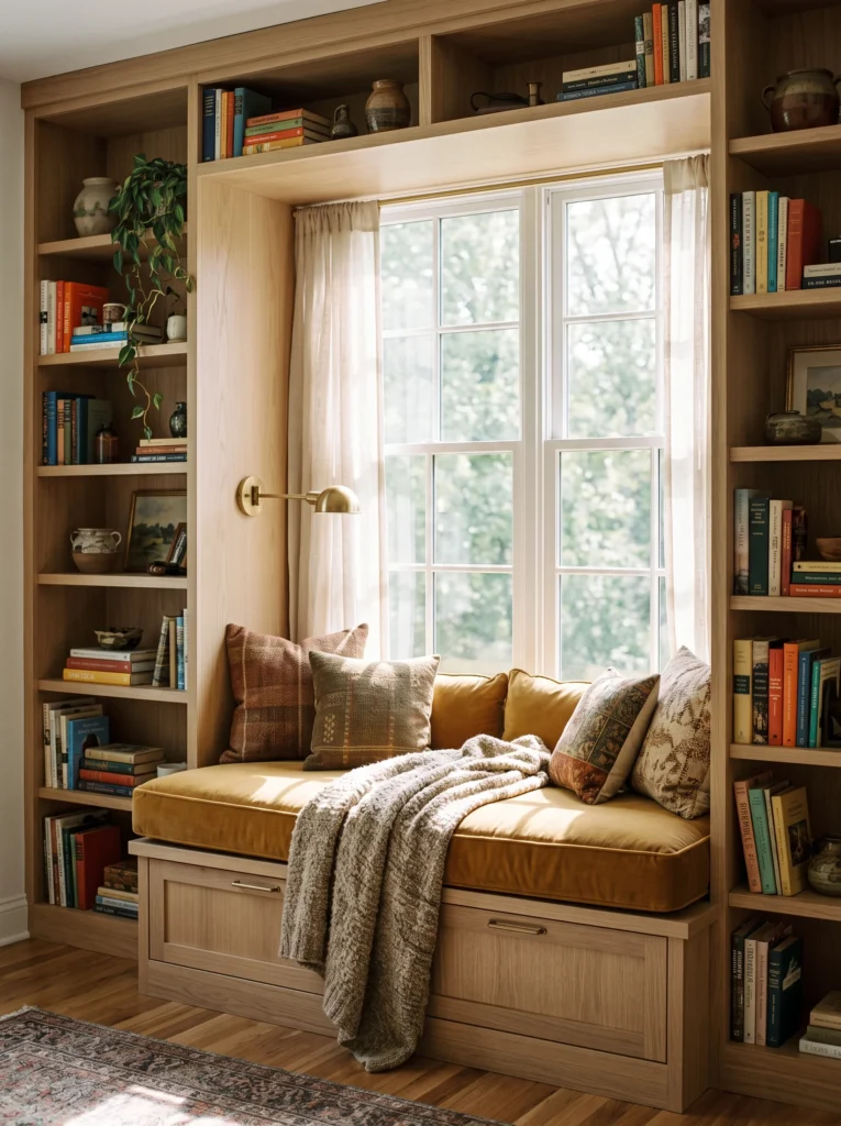 A built-in window seat with mustard velvet cushions, flanked by tall wood bookshelves filled with books and decor
