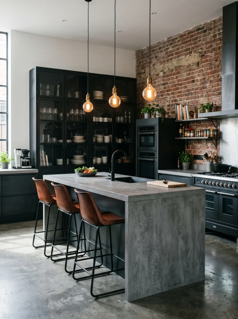 Industrial-style kitchen with black steel-framed glass cabinets, concrete waterfall island, exposed red brick accent wall, Edison bulb pendant lights, leather and black metal barstools, and a black range