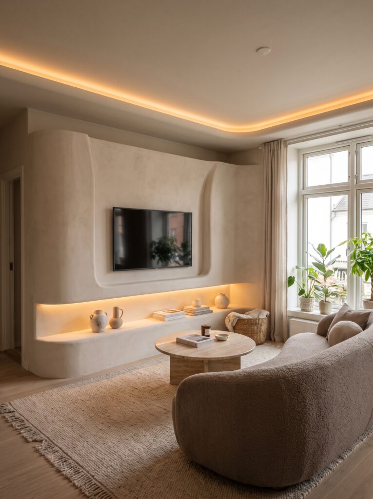 A curved plaster media wall with a mounted TV and a warm backlit ledge below, next to a curved beige boucle sofa and round travertine coffee table