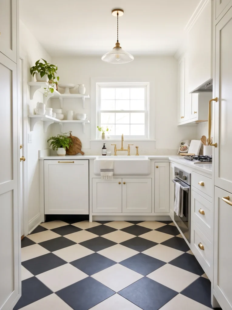 A black and cream checkerboard floor anchors a small white kitchen with brass fixtures and a fluted glass pendant light
