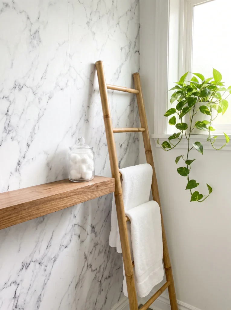 A wooden ladder leaning against a marble-look tiled wall in a bathroom, holding rolled white towels, next to a floating wood shelf with a glass jar of cotton balls and a trailing pothos plant on the windowsill