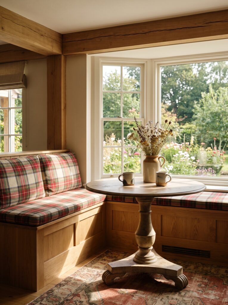 a built-in window seat lined with red and green plaid cushions, a round wooden pedestal table with two ceramic mugs, and a garden view through large windows