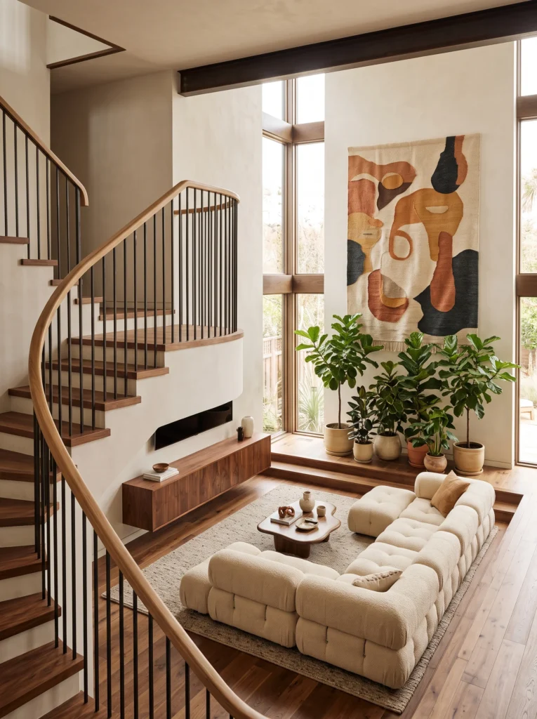 A cream sectional sofa in a sunken living area below a curved wood and iron staircase