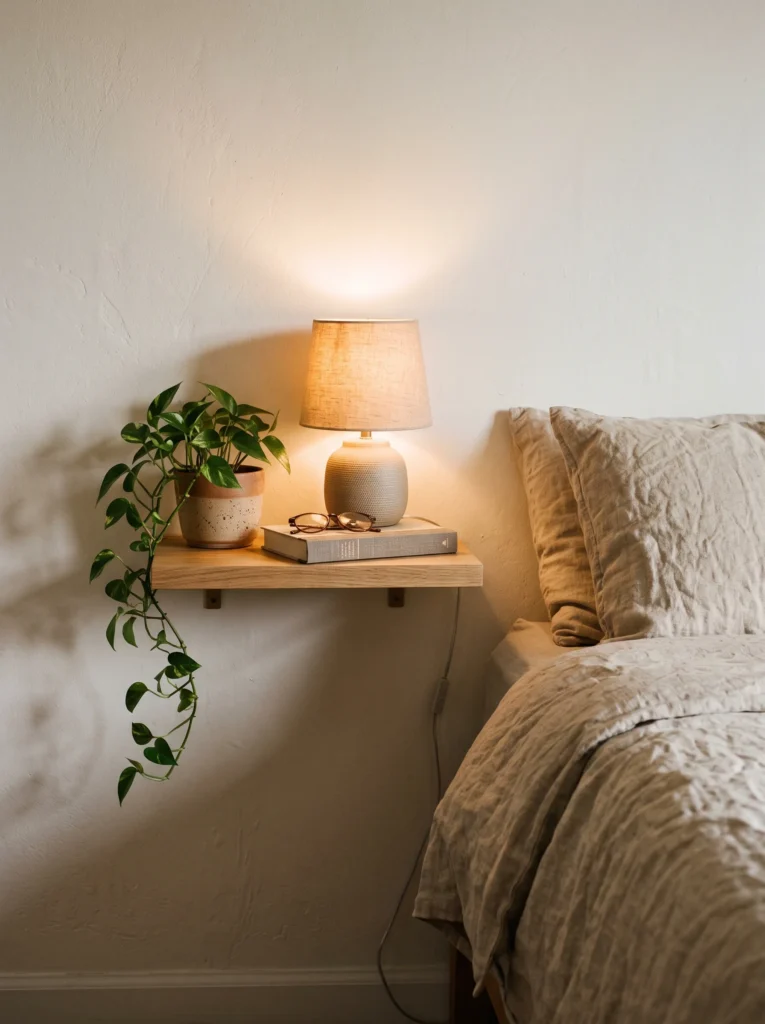 Small bedroom corner with a sheer canopy curtain draped from the ceiling above a cane headboard bed, woven through with warm string lights, layered sage and cream bedding, and a small gallery wall of framed photos