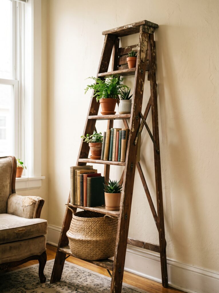 A vintage wooden ladder leaning against a wall, used as a shelf for stacked books, small potted plants, and a woven basket, beside a worn velvet armchair