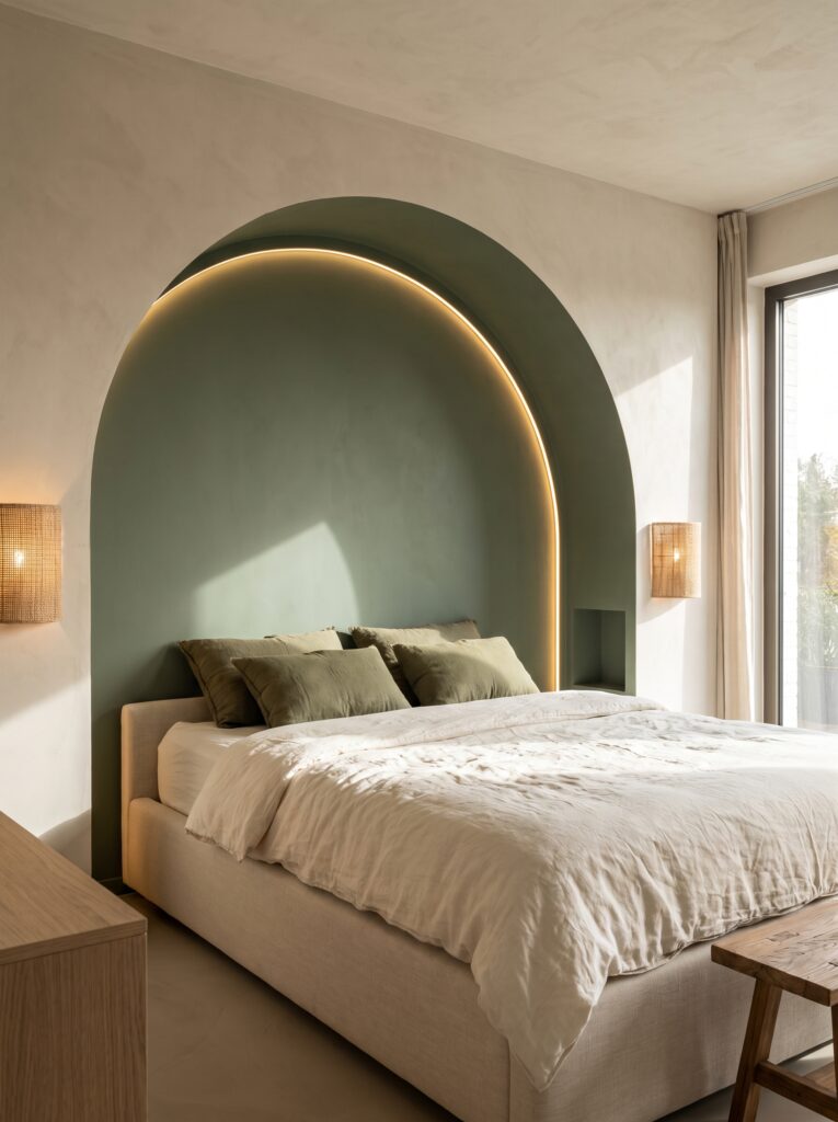 A modern bedroom with a plastered arched alcove in sage green built into the wall behind the bed, featuring a warm integrated LED light strip along the curve, and woven wall sconces on either side