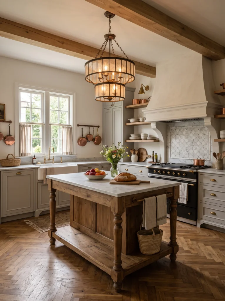 A rustic kitchen with exposed wood beams, a tiered iron and glass chandelier, a wood island with turned legs, and copper pots hanging near the window