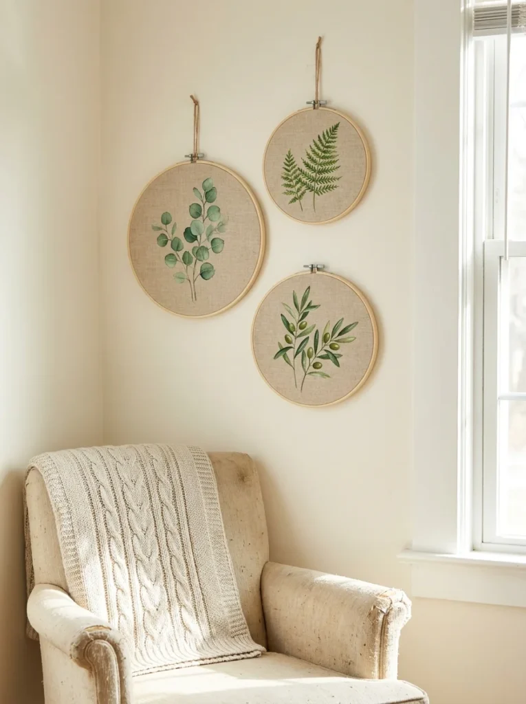 Three embroidery hoops stretched with linen fabric and hand-painted with botanical leaf designs, hanging above a cream armchair with a knit throw