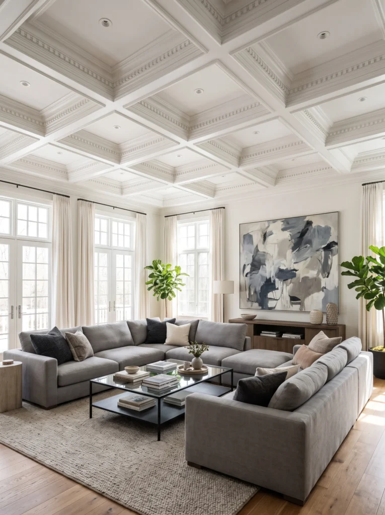 A large gray sectional sofa in a living room with a white coffered ceiling and a large abstract blue and gray painting