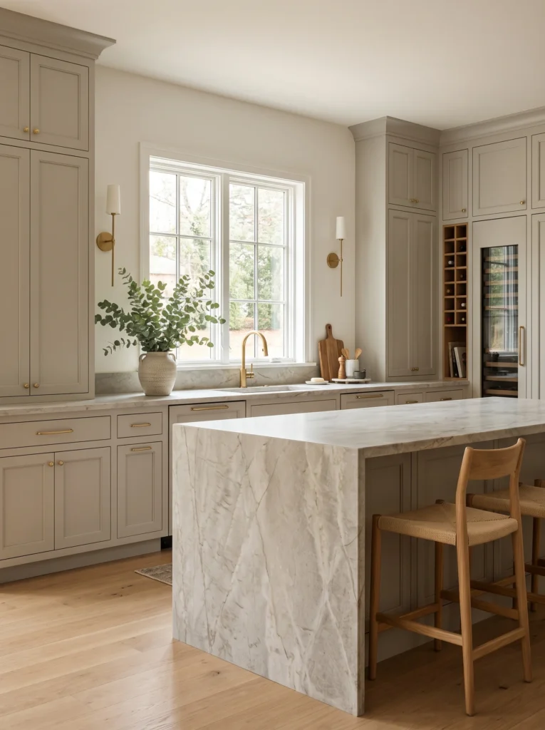 Refined neutral kitchen with greige shaker cabinetry, honed quartzite waterfall island, built-in wine storage and beverage fridge, brass wall sconces flanking a window, and wood counter stools