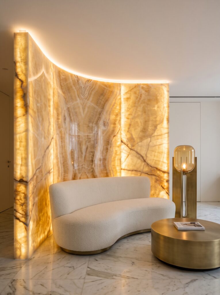 A curved cream boucle sofa in front of a backlit honey-toned onyx wall panel, with a brass drum coffee table and matching table lamp