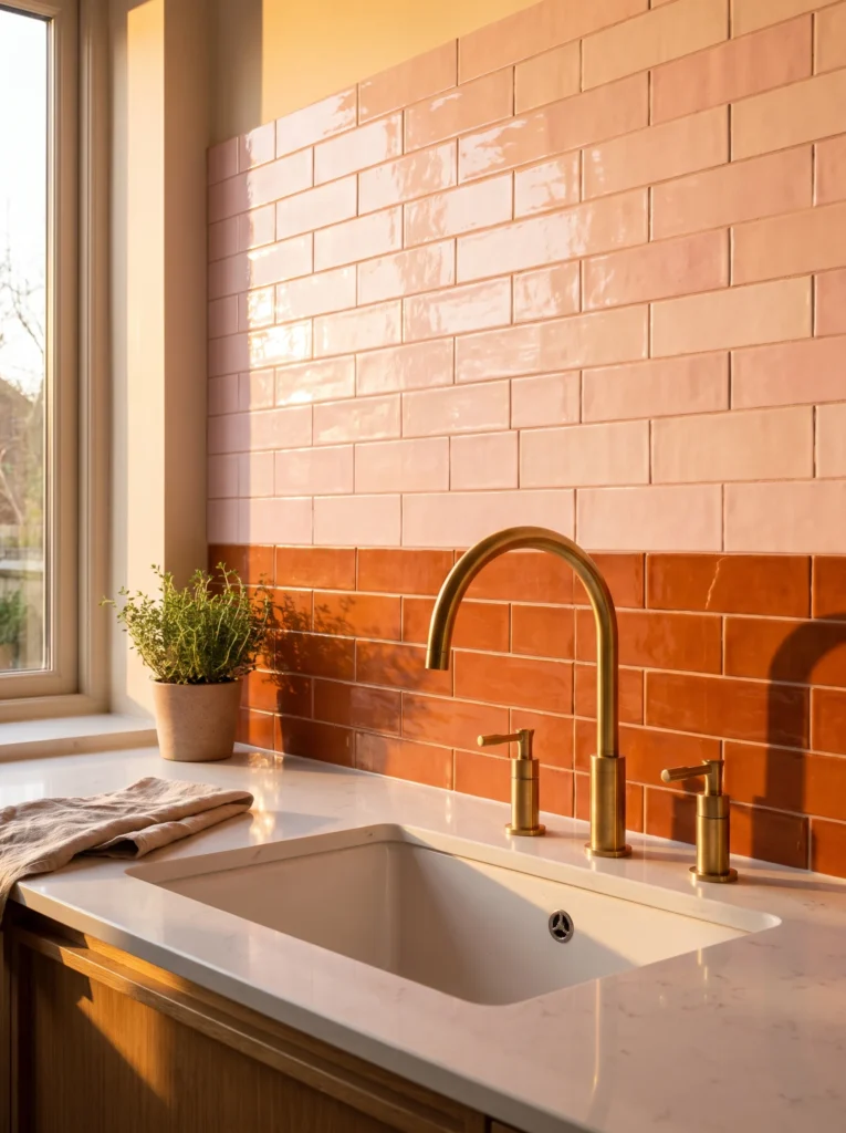 subway tile backsplash fading from soft blush pink at the top to warm terracotta at the bottom, with a brass gooseneck faucet and undermount sink