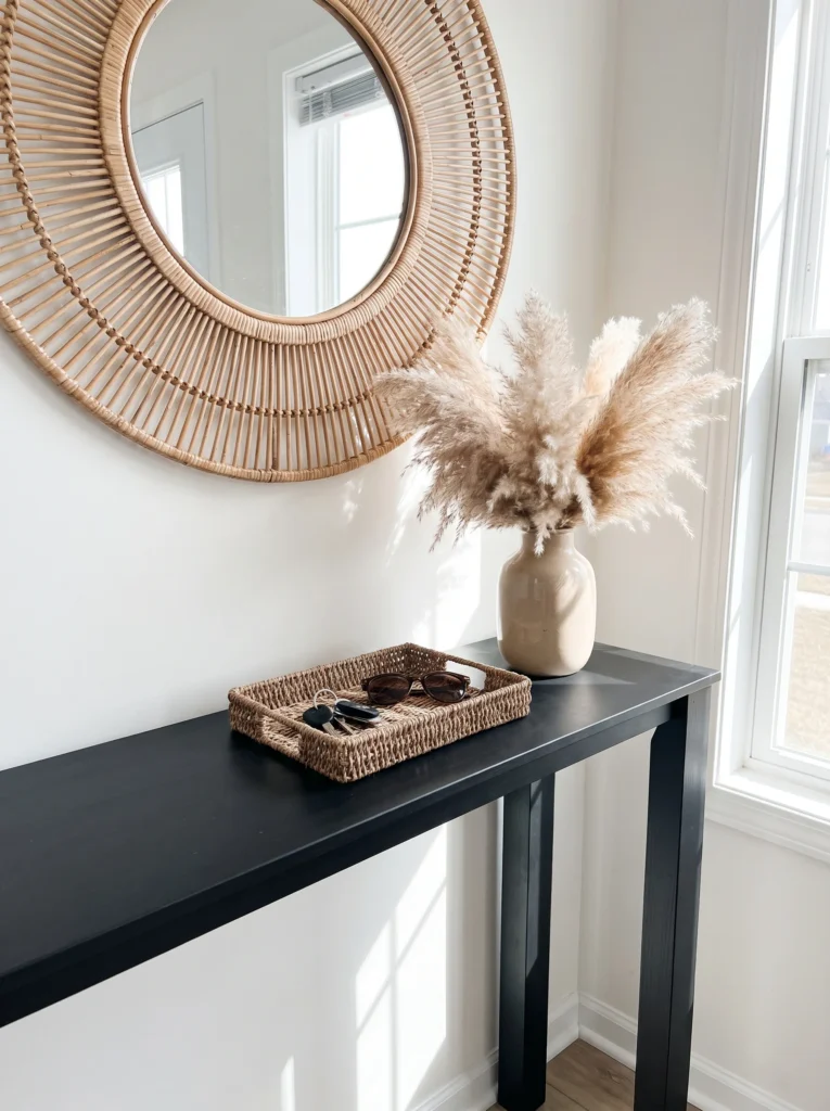 A black console table beneath a round sunburst rattan mirror, styled with a tan ceramic vase of dried pampas grass and a woven seagrass tray holding sunglasses and keys