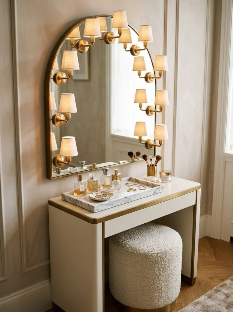 Arched mirror surrounded by a ring of small brass sconces above a marble-topped vanity table, holding perfume bottles, a makeup brush cup, and a jewelry tray, with a boucle stool tucked underneath
