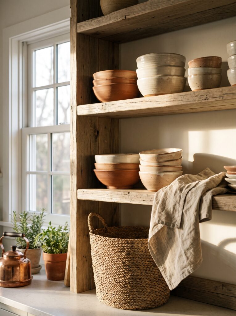  open wooden shelves stacked with ceramic bowls in warm neutral tones, a woven storage basket, a draped linen towel, potted herbs, and a copper kettle on the counter below