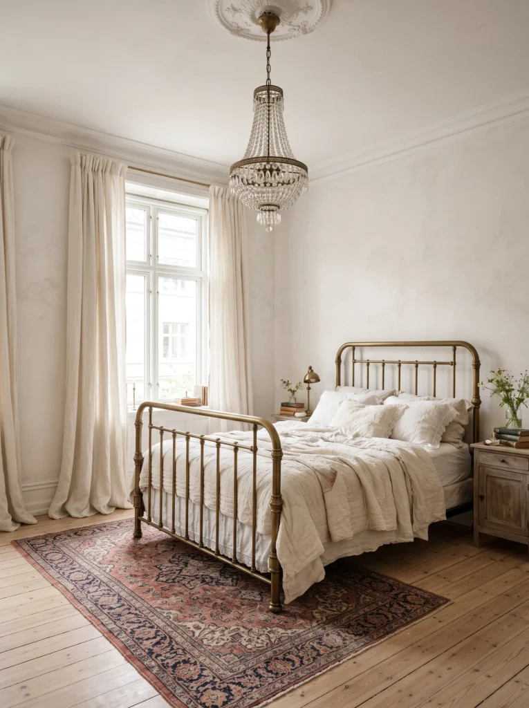 A vintage brass bed frame with a crystal chandelier, patterned rug, and ivory linen curtains in a bright bedroom