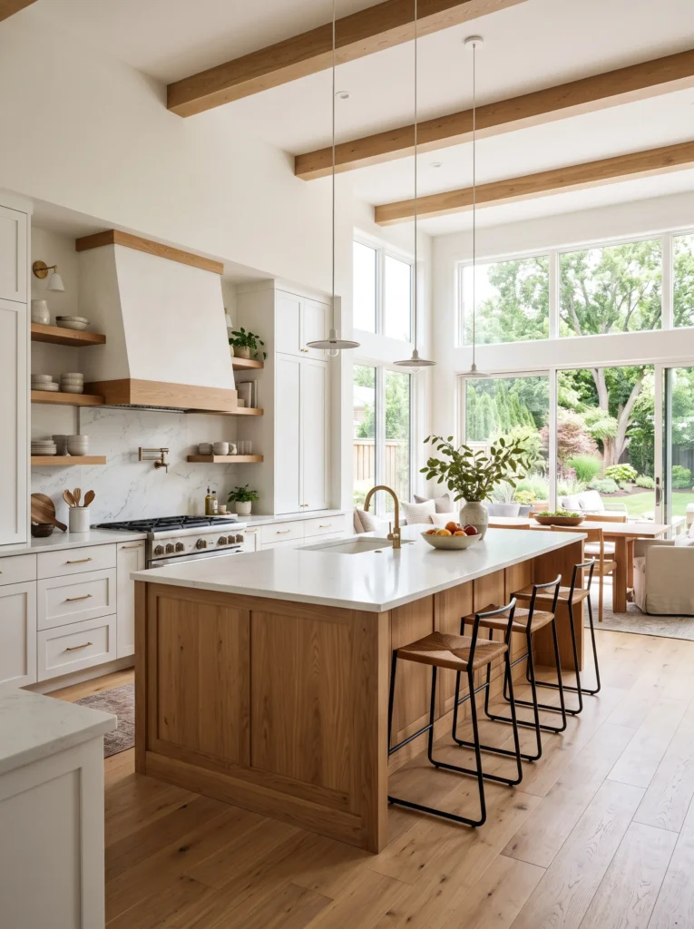 A bright open-plan kitchen with a wood island, exposed wood beams, floor-to-ceiling windows overlooking a garden, and a wood dining table beyond