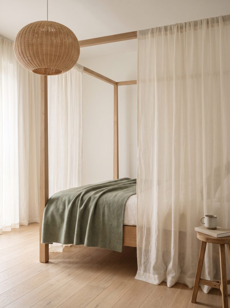 A minimalist Scandinavian bedroom with a light wood canopy bed frame draped in sheer ivory curtains, a sage green wool blanket, and a woven rattan pendant light hanging beside it