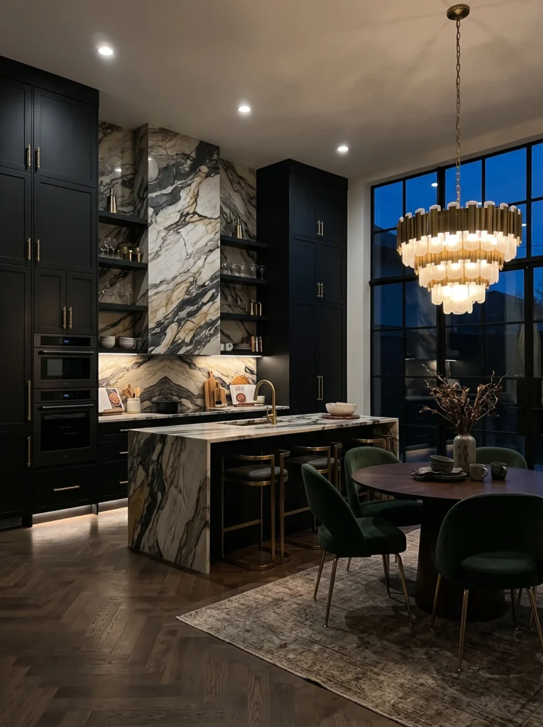 Moody evening kitchen with matte black shaker cabinetry, a full-height bookmatched marble slab surround behind the cooktop and open shelving, a marble waterfall island with brass faucet, dark herringbone wood flooring, and an adjoining dining area with a round wood table, green velvet chairs on brass legs, and a tiered brass and glass chandelier