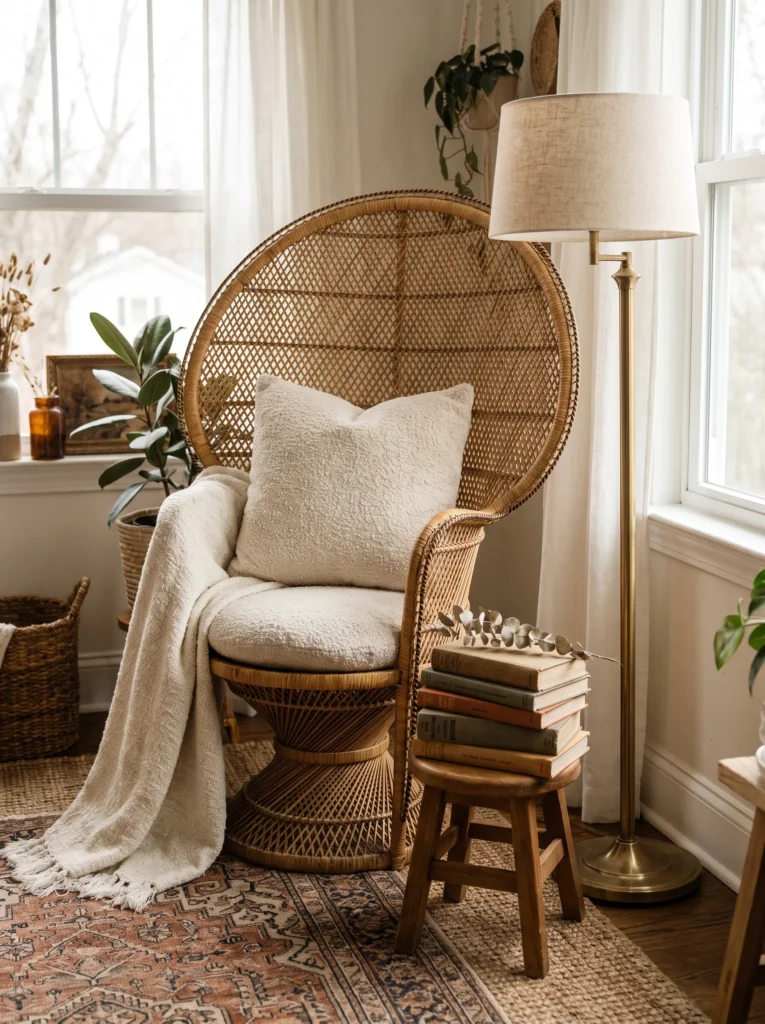 A rattan peacock chair with a wide fan-shaped back, styled with a cream boucle cushion and pillow, a knit throw draped over the arm, next to a small wooden stool stacked with books and a brass tripod floor lamp