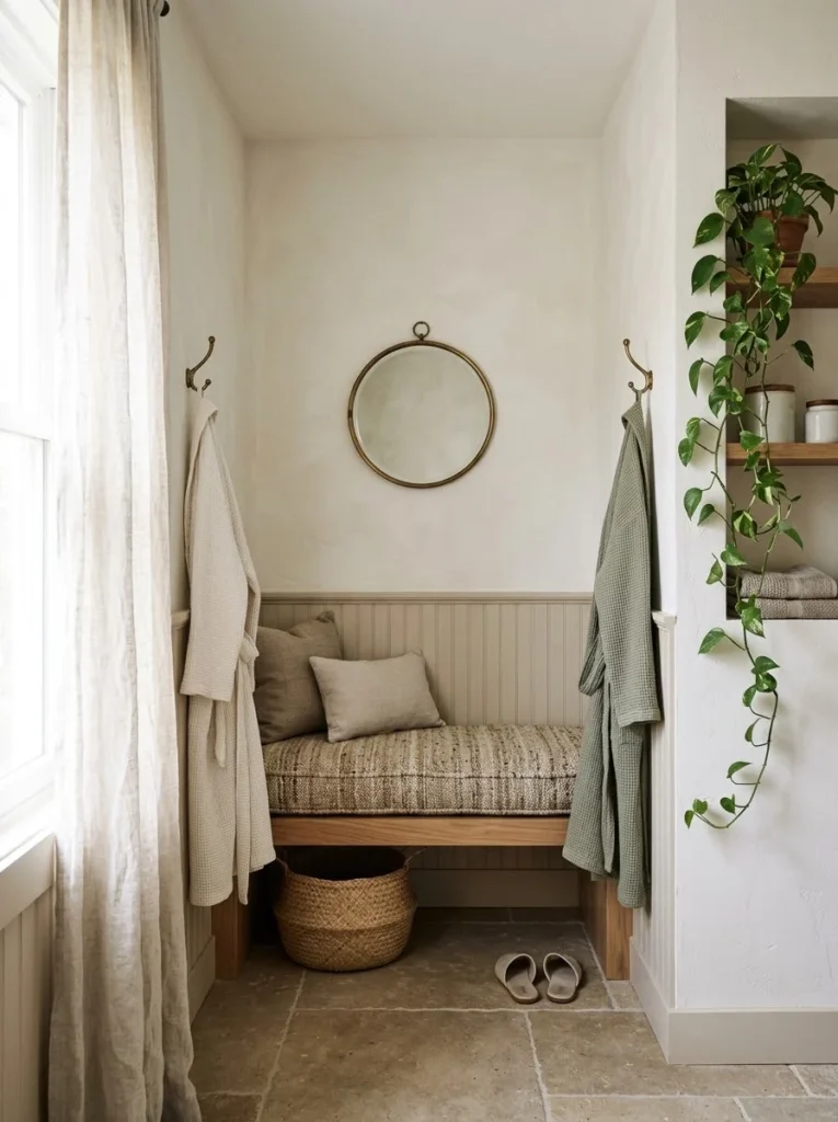 Built-in bench nook with a woven cushion, a round mirror on the wall above, robes hanging from brass hooks on either side, and slippers waiting on the floor