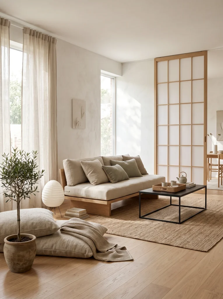 A low natural linen sofa next to a wood-framed shoji sliding screen in a minimalist Japandi living room