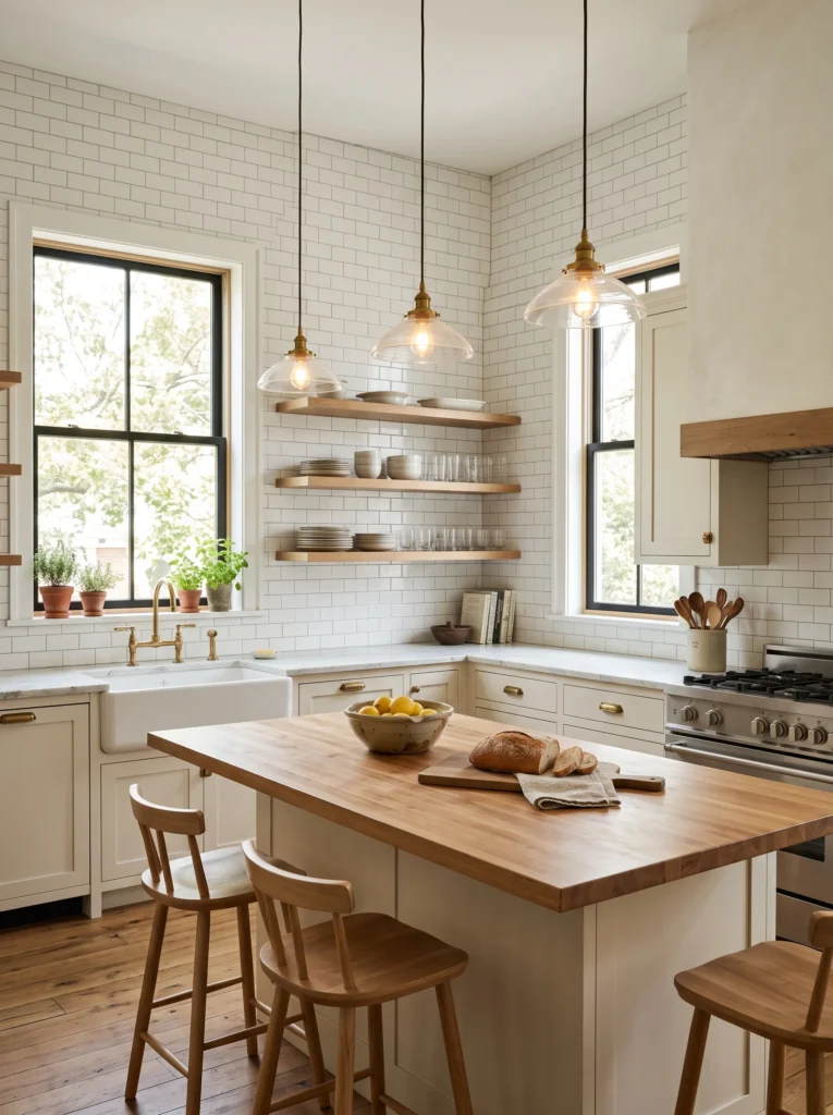A white kitchen with subway tile extending from the counter to the ceiling, glass pendant lights, open wood shelving, and a wood-topped island with a farmhouse sink