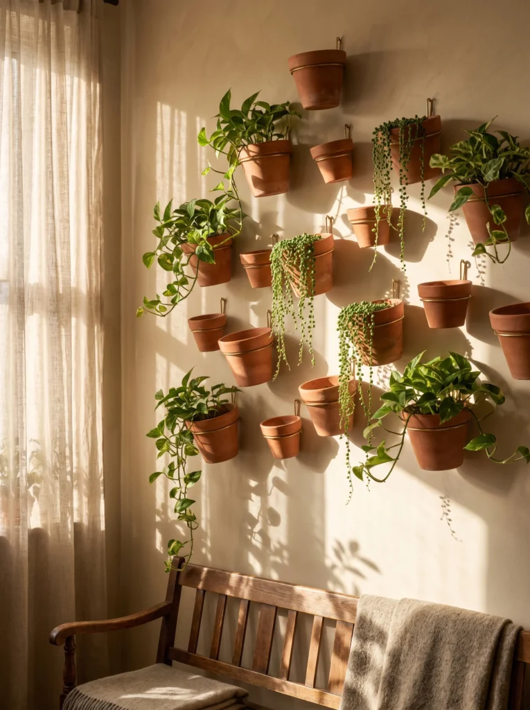 A wall-mounted arrangement of small terracotta pots holding trailing pothos, string of pearls, and variegated plants, staggered on brass wall hooks against a warm beige wall, above a wooden bench with a folded throw