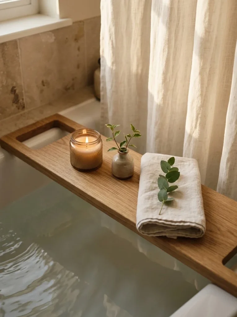 Wooden bath caddy spanning a filled tub, holding a lit candle, a small potted plant cutting, and a folded linen towel with a eucalyptus sprig, next to a sheer linen curtain