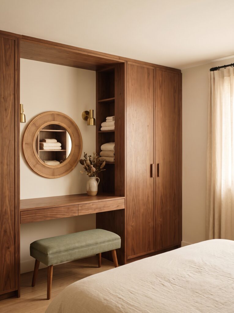 A modern bedroom corner with a built-in walnut wardrobe and open vanity nook, featuring a round rattan-framed mirror, brass sconces, and a sage green upholstered vanity stool