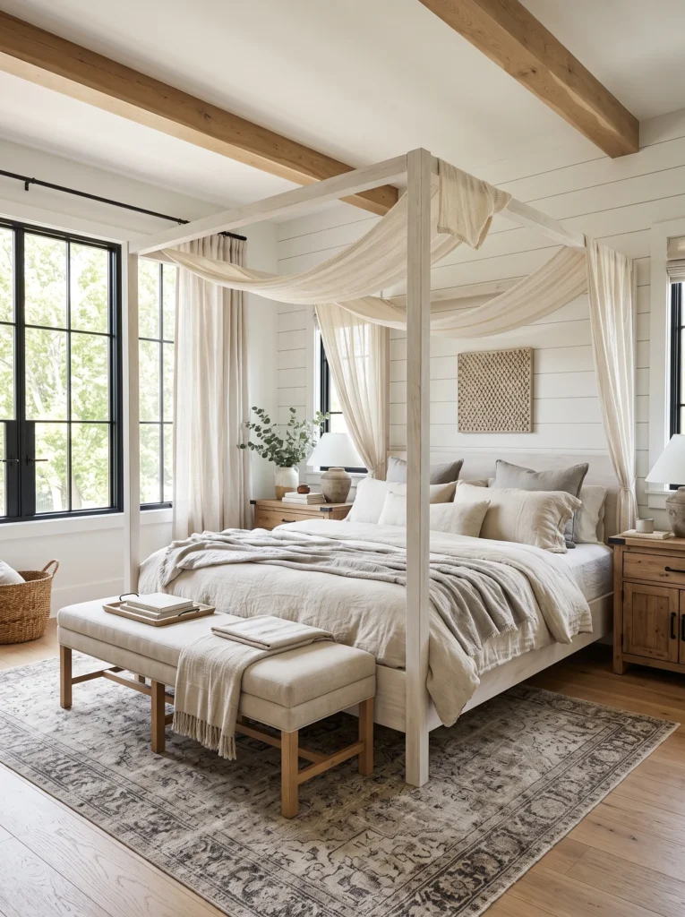 A modern farmhouse bedroom with a whitewashed canopy bed frame, exposed beams, and a linen bench at the foot of the bed