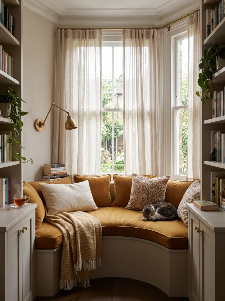 A bay window reading nook with a mustard velvet curved bench, layered throw pillows, built-in bookshelves, and a sleeping cat