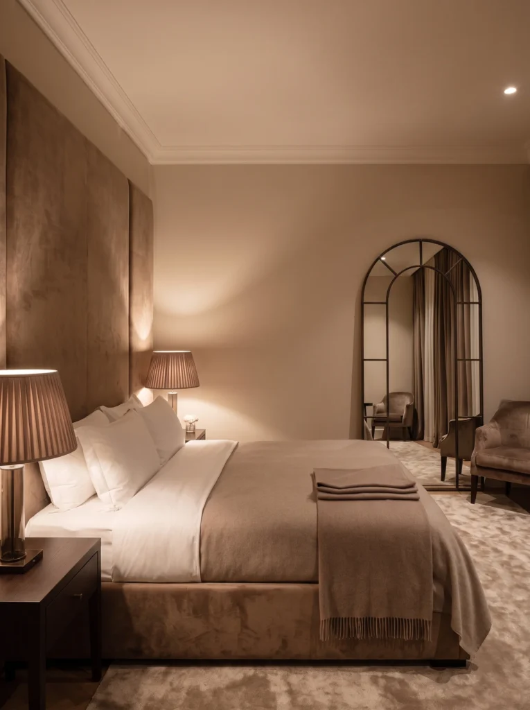 An elegant hotel-style bedroom with a tall taupe upholstered headboard, pleated lamps, and a large arched floor mirror