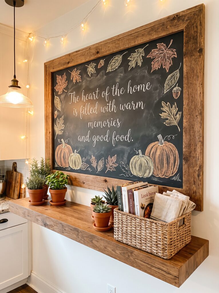 a large wood-framed chalkboard with a hand-lettered quote, illustrated pumpkins and leaves, above a floating shelf with potted herbs and a woven basket of cookbooks