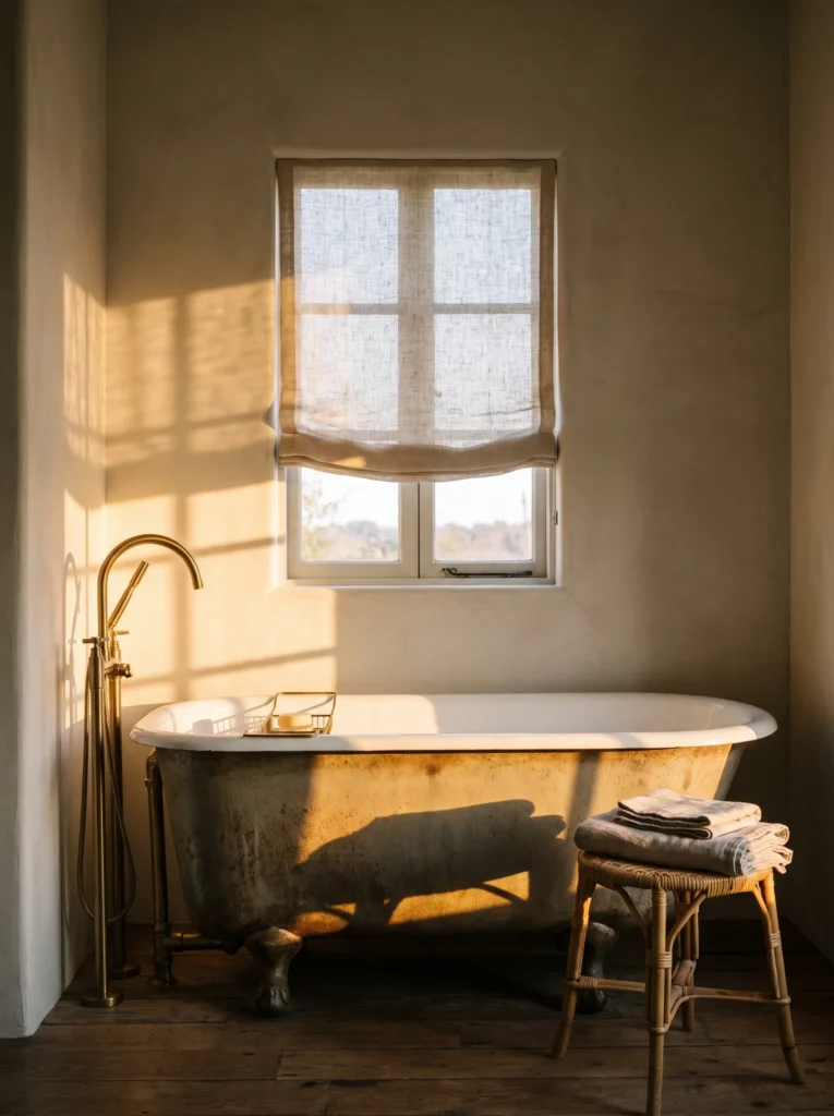 vintage clawfoot tub positioned under a small window with a linen roman shade, brass tub filler, and woven stool holding folded towels