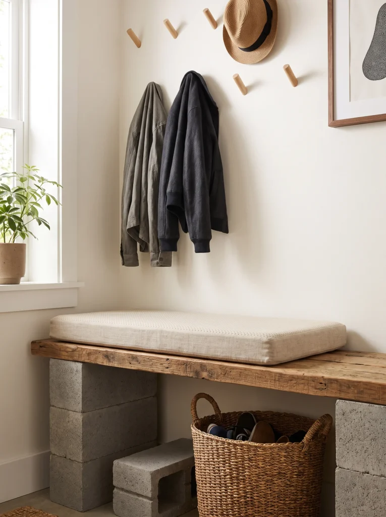 An entryway bench built from stacked concrete cinder blocks topped with a reclaimed wood plank and a linen cushion, with wall-mounted wooden pegs holding jackets above and a woven basket for shoes below