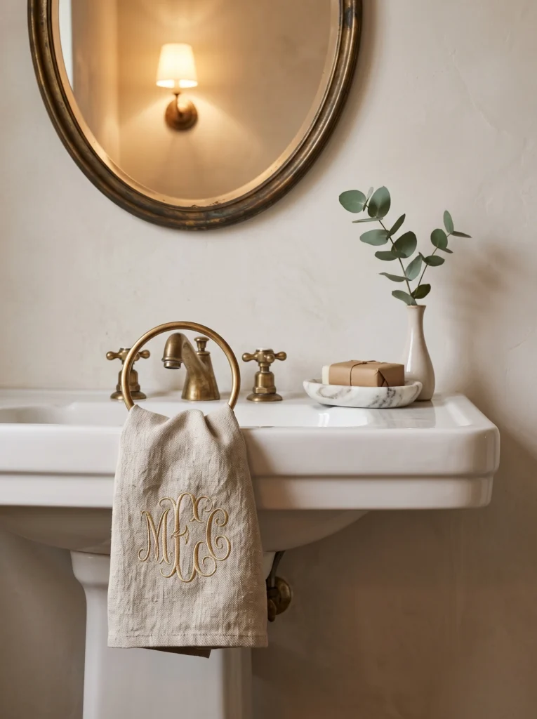 White pedestal sink with brass faucet and a monogrammed linen hand towel hanging from a brass ring, next to a marble soap dish and a small vase of eucalyptus