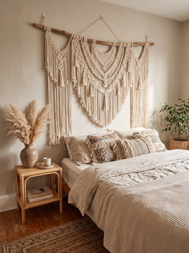 Small bedroom with a floor-to-ceiling wood slat accent wall, built-in open shelving with books and plants, brass reading lamps mounted above the bed, and a fold-out desk with a laptop and stool