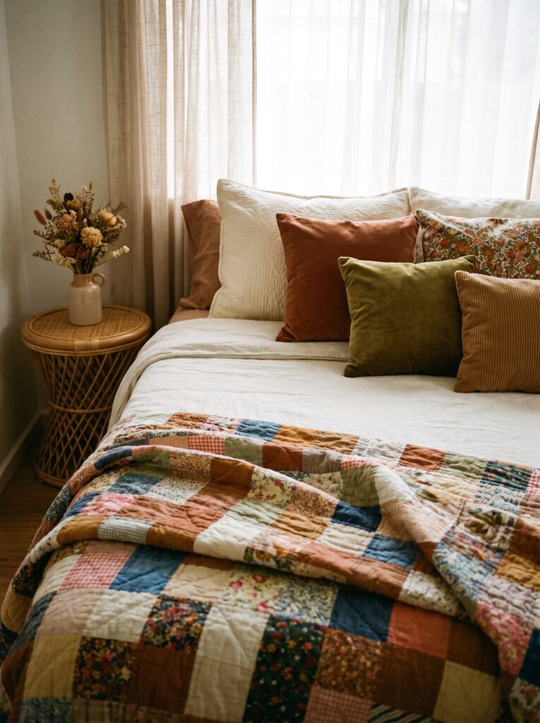 A bed layered with a colorful patchwork quilt and mismatched velvet and corduroy throw pillows in cream, rust, and olive tones