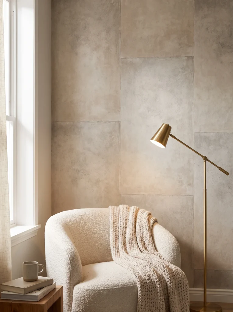 A cream boucle armchair with a knit throw beside a brass floor lamp, set against a textured limewash accent wall with soft natural light